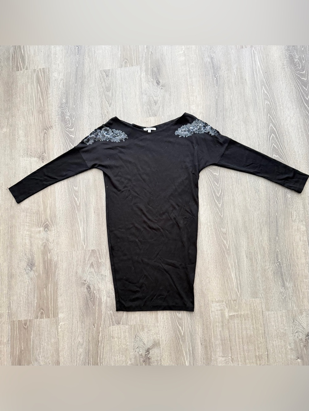 Black Long Sleeve Sweater Dress with Shoulder Appliqué